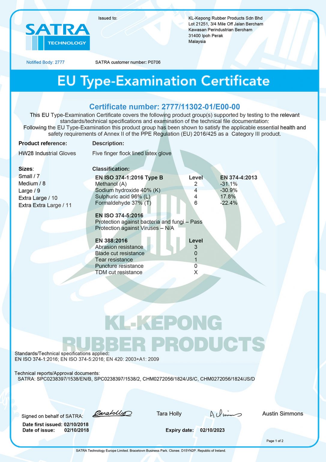 SATRA EC TypeExamination Certificate (HW28 Industrial Gloves) KL